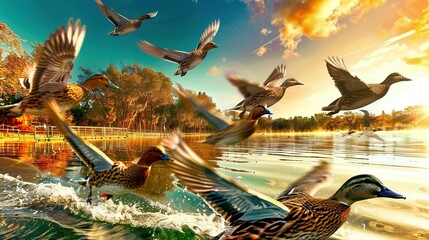   A flock of ducks gliding above a tranquil lake surrounded by a verdant woodland teeming with arboreal splendor