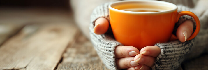 background of a woman's hands drinking a glass of hot tea on an autumn day
