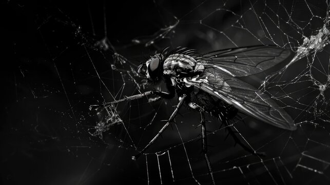 Monochrome image of a deceased fly ensnared in a spider s web