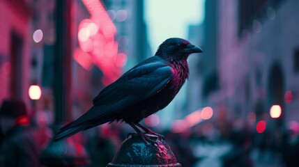 A black bird perches on top of a red fire hydrant on a city street. - Powered by Adobe