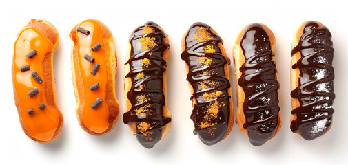 tasty eclairs with chocolate on white background