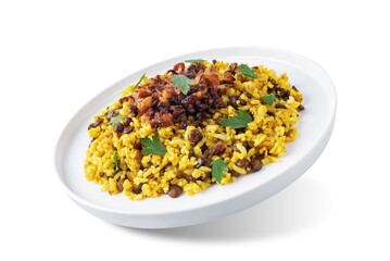 Fried onion lentil fried rice in a plate, moujadara on a white isolated background