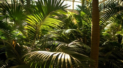Fototapeta premium Tall palm trees and dense ferns provide a serene tropical ambiance in this vibrant greenhouse.