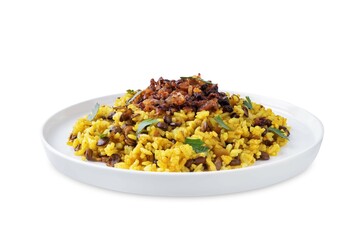 Fried onion lentil fried rice in a plate, moujadara on a white isolated background