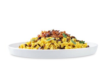 Fried onion lentil fried rice in a plate, moujadara on a white isolated background