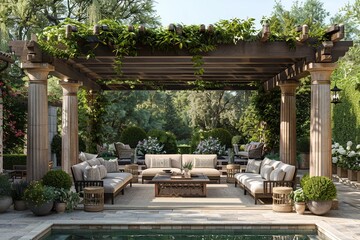 Fototapeta premium Envision a professionally designed pergola embellished with cascading vines, vibrant flowers, and lush foliage, crafting a serene and elegant atmosphere
