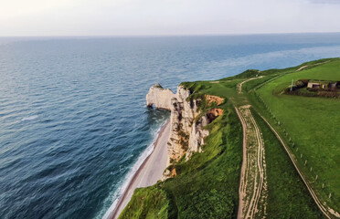 Drone view on Normandian coast of France next to  Etretat Normandy