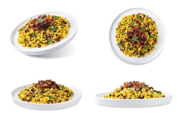 Fried onion lentil fried rice in a plate, moujadara on a white isolated background
