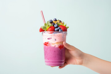 A person is holding a glass of fruit smoothie with a straw.