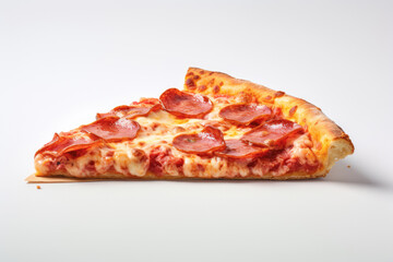 A slice of pepperoni pizza is shown on a white background