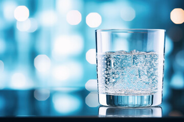 Clear glass of purified water with ice cubes, symbolizing freshness and health.