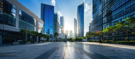 City square and skyline with modern buildings.