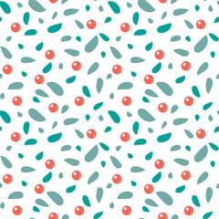 Seamless vector pattern with green leaves and red berries on white background. Christmas background. Decorative print for wallpaper, wrapping, pajama, linen, background fabric, texture, textile