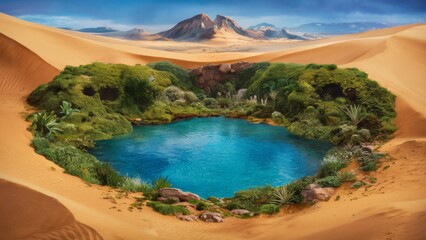 The landscape demonstrates a vibrant green oasis that is teeming with life, exotic plants and diverse flora and fauna. There is a clear blue pond in the center.