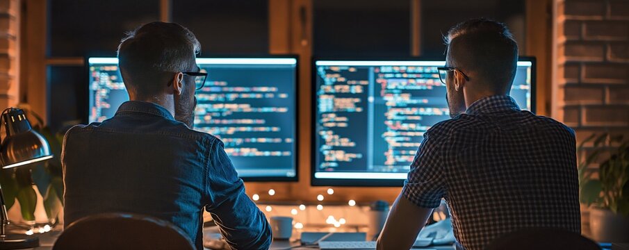 Two tech professionals in a modern office at night