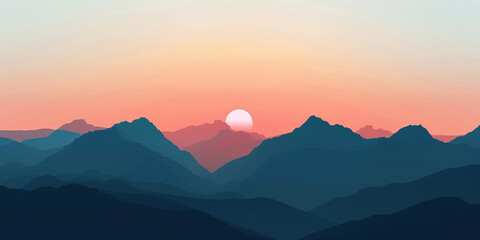 Obraz premium A serene sunrise over the mountains, with pastel colors and a simple design. The sun is rising in the background, casting warm hues across the horizon, creating a tranquil scene