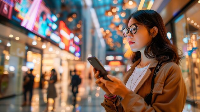 A woman stands in a busy mall, focused on her cell phone screen.