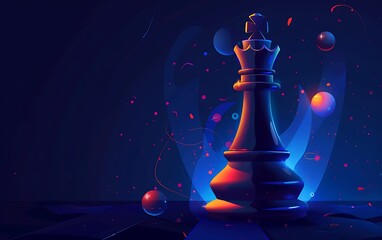 abstract futuristic chess piece with glowing neon lights and floating spheres on dark blue background vector illustration, high resolution, no text or logo in the center of design