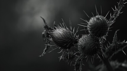 Close up image of a dried thistle captured in monochrome