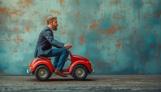 Man on small red toy car outdoor