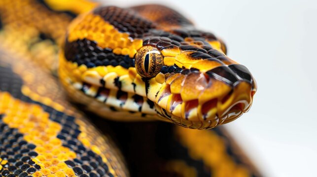 Close up image of a royal ball python with yellow and black colors on a white background
