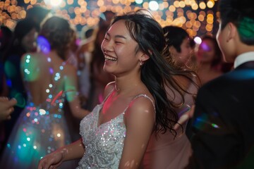happy asian girl graduate dancing on prom night on the dance floor with  lights and flash