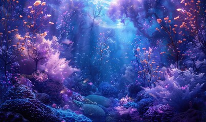 Underwater reef with glowing bioluminescent corals and mystical creatures, soft blues and purples, digital art, ethereal and magical,