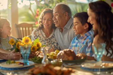 diverse hispanic family having dinner together at terrace in garden in summer - Powered by Adobe