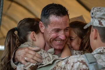veterans day - Military soldier man hugging his children at home - Father and child love