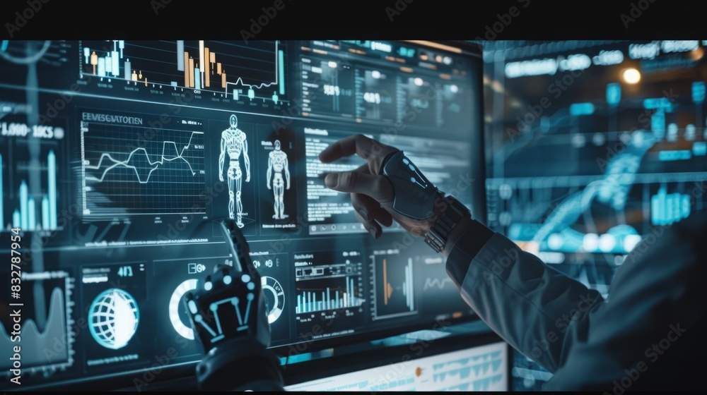 Poster a man pointing at a computer screen showing data and graphs, in an office setting.