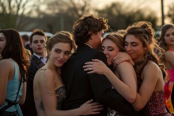 Fototapeta premium prom night friends emotional hugs candid moment - high school graduates young boys and girls hugging before saying goodbye to high school and each other