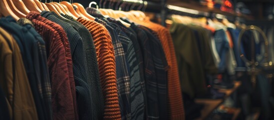 Obraz premium Clothes hang on a shelf in clothes store.