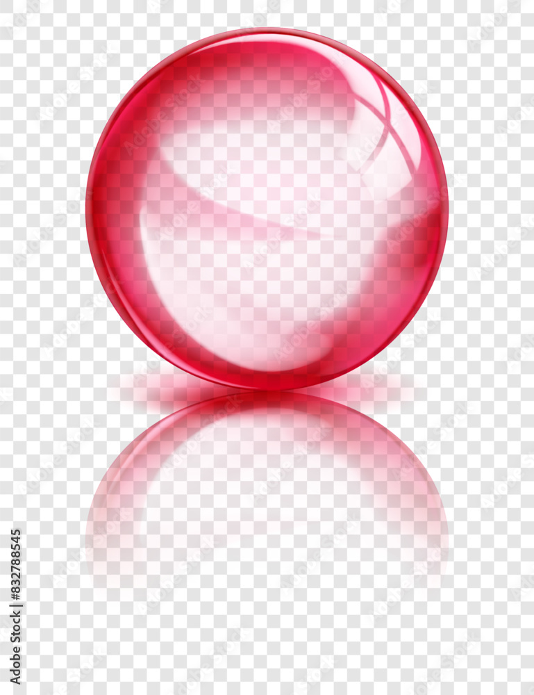 Wall mural large translucent sphere in red colors with reflection, glares and shadow on transparent background.