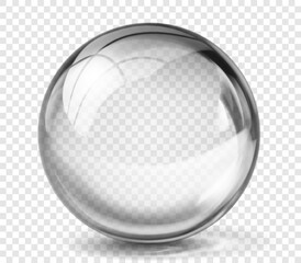 Large translucent shiny sphere of gray color with glare and shadow on transparent background. Vector illustration for design projects and creative works