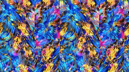   A multicolored image of a leaf pattern in shades of blue, yellow, pink, orange, and green