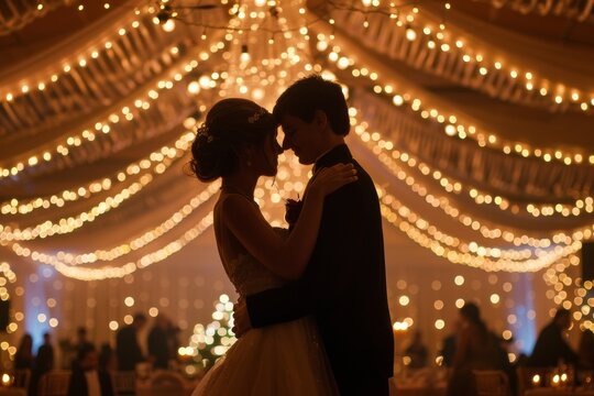 Young couple guy and girl dancing at prom ball party night. Romantic dance. King and queen of high school prom. 