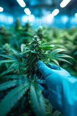 Scientist s hand close up examining cannabis plant buds in a lush plantation setting