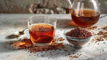   A cup of tea, a glass, and a spoon on a table, against a rock wall background