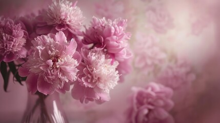Extreme shallow depth of field on peony flowers arranged in a vase