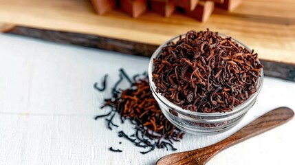   A glass bowl brimming with chocolate shavings, positioned beside a wooden spoon resting atop a wooden cutting board