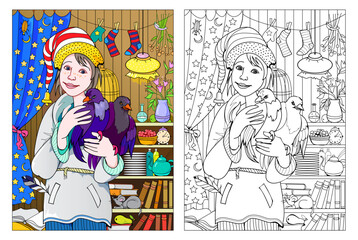 Colorful and black and white page for kids coloring book. Illustration of little boy hugging her favorite birds. Taking care of animals. Worksheet for children and adults. Flat cartoon vector.