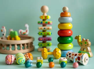 Obraz premium Baby toys set on pastel green background, wooden colorfull educational toy for baby development and play with child