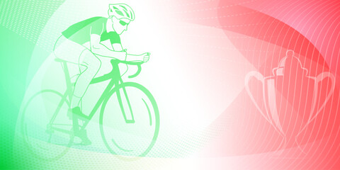 Cycling themed background in the colors of the national flag of Italy, with sport symbols such as an athlete cyclist and a cup, as well as abstract curves and dots