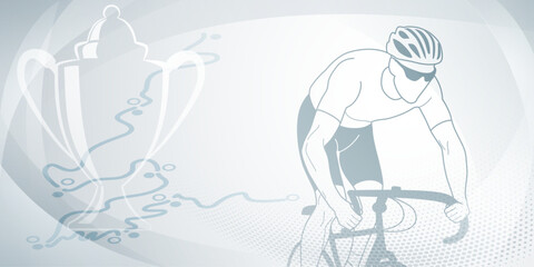 Cycling themed background in gray colors with sport symbols such as an athlete cyclist, cup and a bike race route, as well as abstract curves and dots