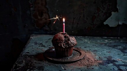   A cupcake with a sparkler on top sits on a plate at a table in a dark room