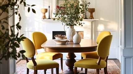 Modern cottage dining room decor, interior design and country house furniture, home decor, table and yellow chairs, English countryside style interiors