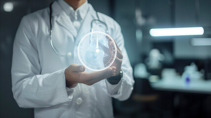 Doctor in a uniform holding service icon of clock