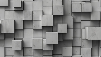 Grayscale abstract minimalist background composed of 3D pixelated squares, grid pattern