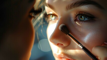 Obraz premium A woman is applying makeup to her face using a brush