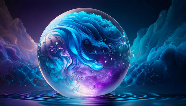 Glass orb of blue and purple swirling waves within it, illustration.